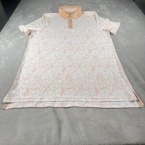 Graham Luxe Mens Size L Golf Polo Shirt White Peach Branches Print Short Sleeve